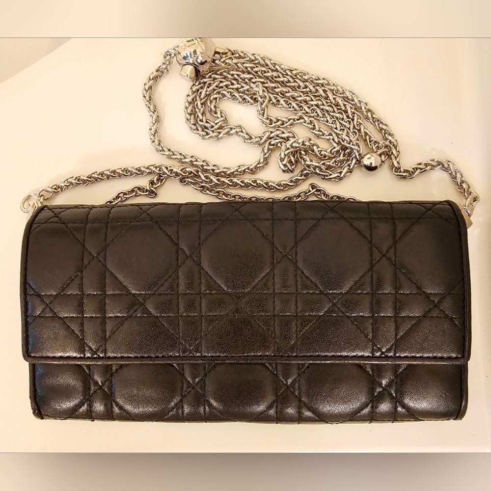 Dior Black Quilted Leather Wallet With Added Chain